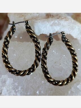 Vintage Unsigned Brass Tone Twisted Horseshoe Hoop Shaped Pierced Earrings